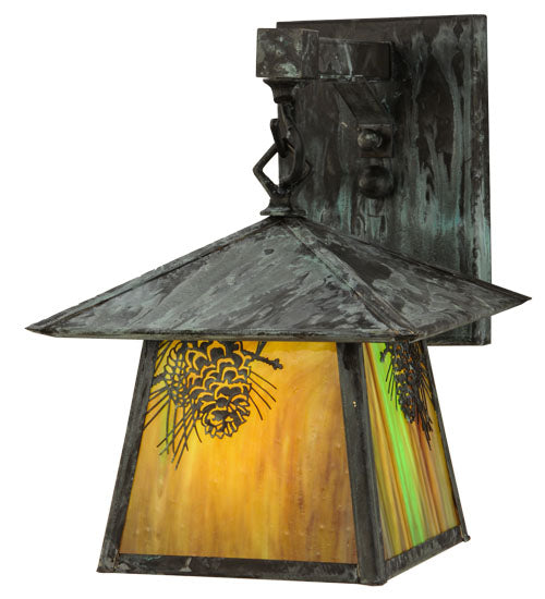 Meyda Lighting Stillwater 8" Verdigris Winter Pine Straight Arm Wall Sconce With Beige Iridescent Shade Glass