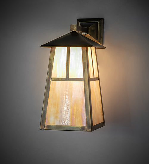 Meyda Lighting Stillwater 8" Vintage Brass "T" Mission Wall Sconce With Beige Iridescent Shade Glass
