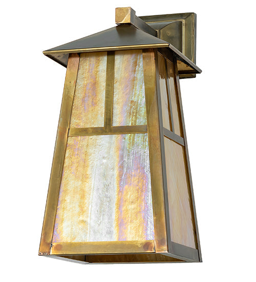 Meyda Lighting Stillwater 8" Vintage Brass "T" Mission Wall Sconce With Beige Iridescent Shade Glass