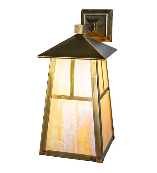 Meyda Lighting Stillwater 8" Vintage Brass "T" Mission Wall Sconce With Beige Iridescent Shade Glass