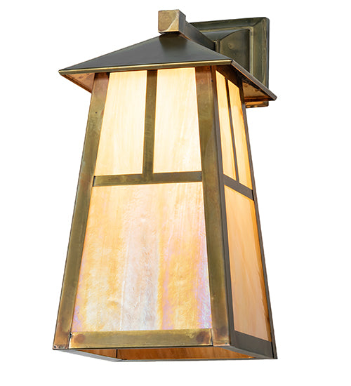 Meyda Lighting Stillwater 8" Vintage Brass "T" Mission Wall Sconce With Beige Iridescent Shade Glass