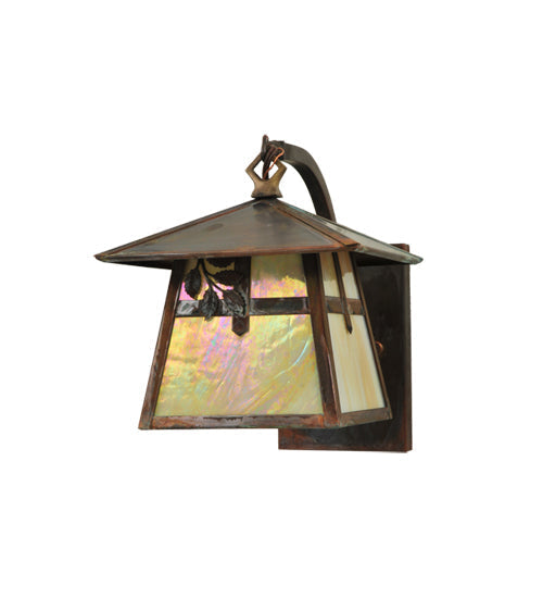 Meyda Lighting Stillwater 8" Vintage Copper Cross w/ Branch Curved Arm Wall Sconce With Beige Iridescent Shade Glass