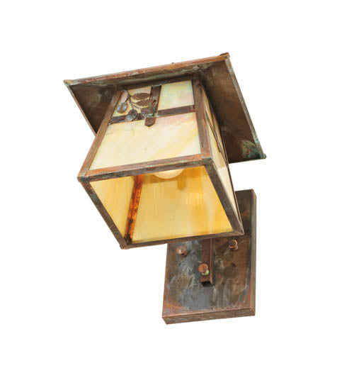 Meyda Lighting Stillwater 8" Vintage Copper Cross w/ Branch Curved Arm Wall Sconce With Beige Iridescent Shade Glass
