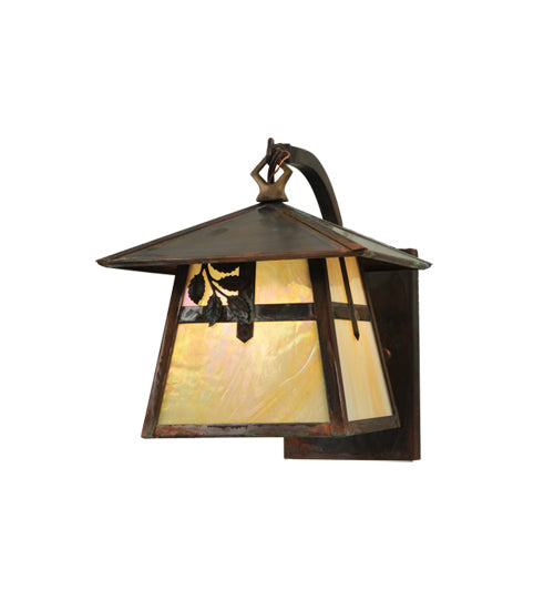 Meyda Lighting Stillwater 8" Vintage Copper Cross w/ Branch Curved Arm Wall Sconce With Beige Iridescent Shade Glass