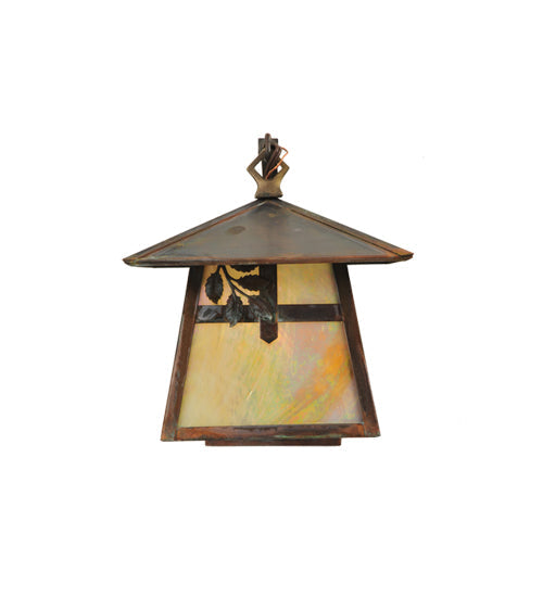 Meyda Lighting Stillwater 8" Vintage Copper Cross w/ Branch Curved Arm Wall Sconce With Beige Iridescent Shade Glass