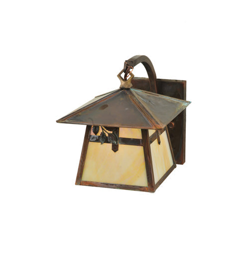 Meyda Lighting Stillwater 8" Vintage Copper Cross w/ Branch Curved Arm Wall Sconce With Beige Iridescent Shade Glass