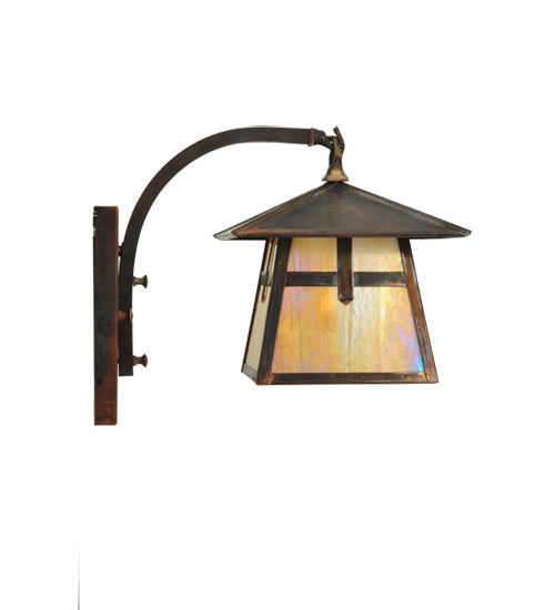 Meyda Lighting Stillwater 8" Vintage Copper Cross w/ Branch Curved Arm Wall Sconce With Beige Iridescent Shade Glass