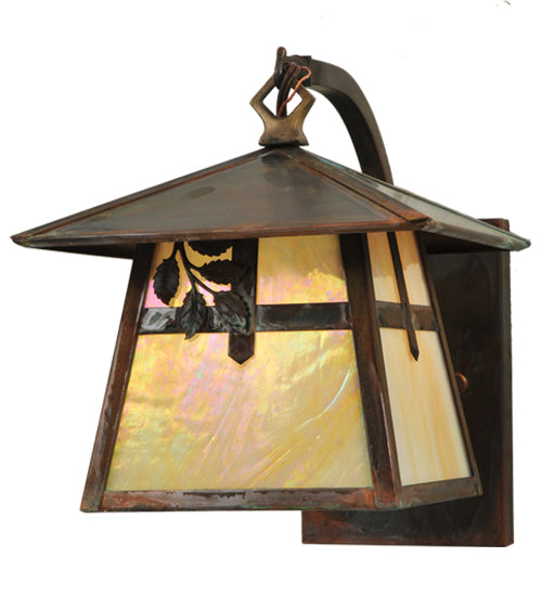 Meyda Lighting Stillwater 8" Vintage Copper Cross w/ Branch Curved Arm Wall Sconce With Beige Iridescent Shade Glass