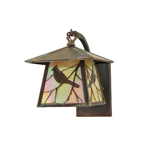 Meyda Lighting Stillwater 8" Vintage Copper Song Bird Arm Wall Sconce With Beige Iridescent Shade Glass