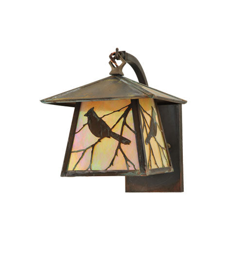 Meyda Lighting Stillwater 8" Vintage Copper Song Bird Arm Wall Sconce With Beige Iridescent Shade Glass