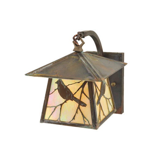 Meyda Lighting Stillwater 8" Vintage Copper Song Bird Arm Wall Sconce With Beige Iridescent Shade Glass
