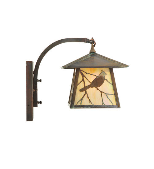 Meyda Lighting Stillwater 8" Vintage Copper Song Bird Arm Wall Sconce With Beige Iridescent Shade Glass