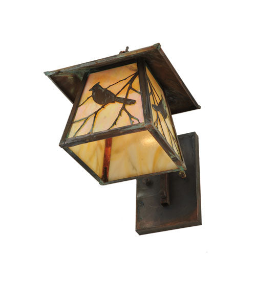 Meyda Lighting Stillwater 8" Vintage Copper Song Bird Arm Wall Sconce With Beige Iridescent Shade Glass