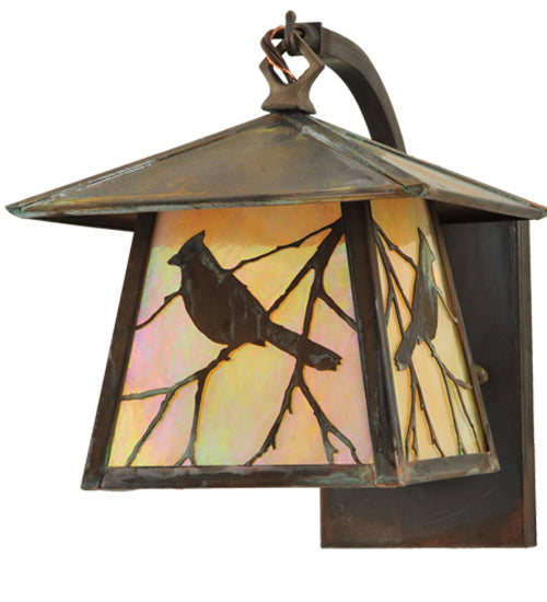 Meyda Lighting Stillwater 8" Vintage Copper Song Bird Arm Wall Sconce With Beige Iridescent Shade Glass