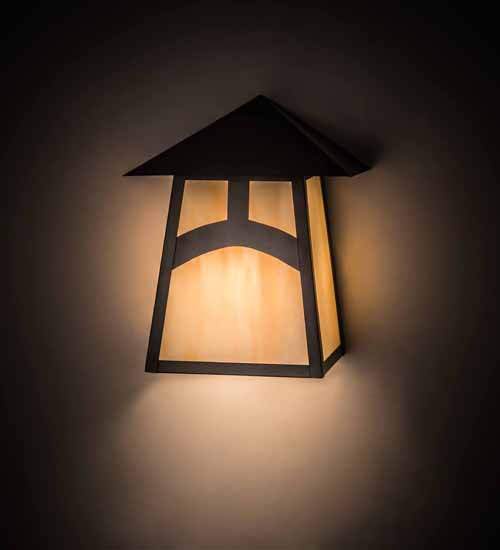 Meyda Lighting Stillwater 9" Craftsman Brown Hill Top Wall Sconce With Beige Art Shade Glass