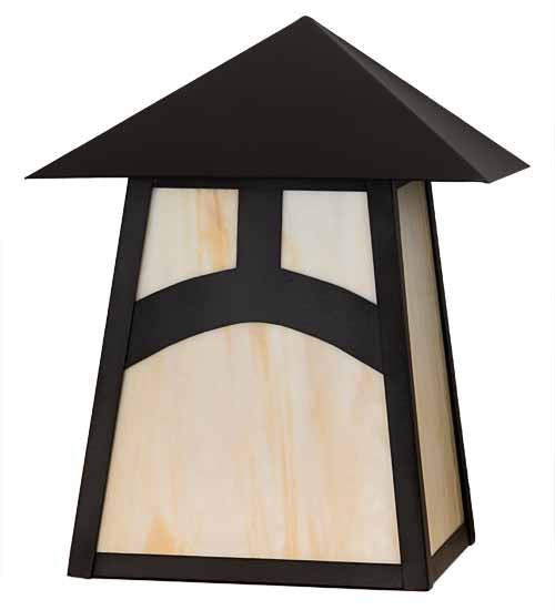 Meyda Lighting Stillwater 9" Craftsman Brown Hill Top Wall Sconce With Beige Art Shade Glass