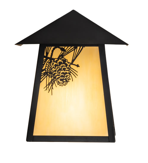 Meyda Lighting Stillwater 9" Craftsman Brown Pine Cone Wall Sconce With Beige Art Shade Glass