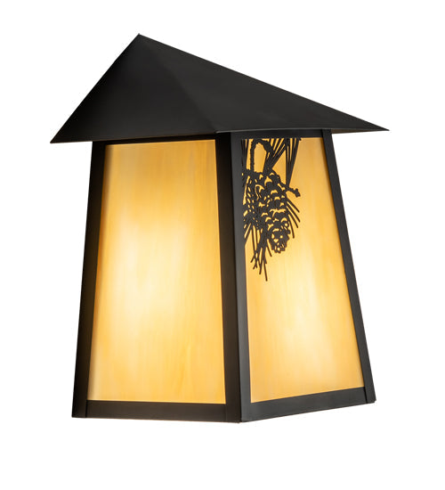 Meyda Lighting Stillwater 9" Craftsman Brown Pine Cone Wall Sconce With Beige Art Shade Glass