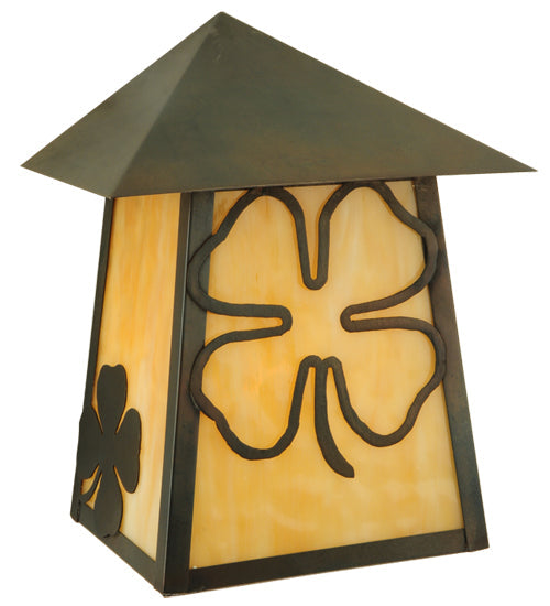 Meyda Lighting Stillwater 9" Craftsman Brown Shamrock Wall Sconce With Beige Art Shade Glass