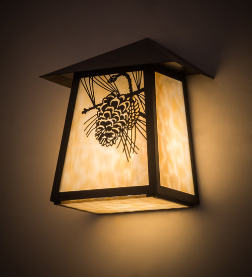 Meyda Lighting Stillwater 9" Craftsman Brown Winter Pine Wall Sconce With Beige Art Shade Glass