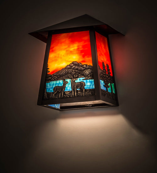 Meyda Lighting Stillwater 9" Craftsman Brown With Highlights Deer Lodge Wall Sconce With Orange & Blue Shade Glass