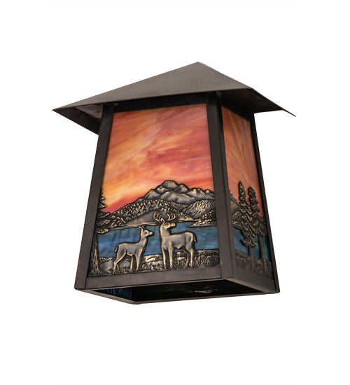 Meyda Lighting Stillwater 9" Craftsman Brown With Highlights Deer Lodge Wall Sconce With Orange & Blue Shade Glass
