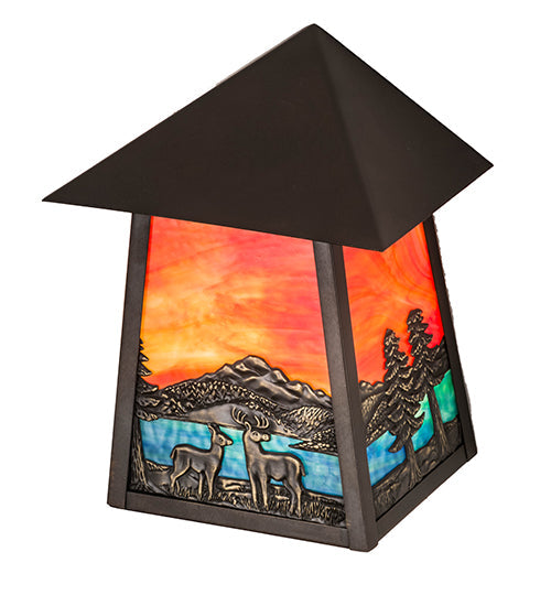 Meyda Lighting Stillwater 9" Craftsman Brown With Highlights Deer Lodge Wall Sconce With Orange & Blue Shade Glass