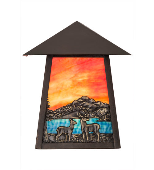 Meyda Lighting Stillwater 9" Craftsman Brown With Highlights Deer Lodge Wall Sconce With Orange & Blue Shade Glass