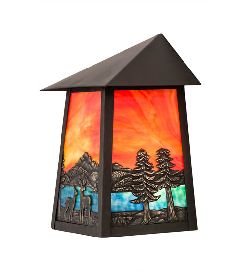 Meyda Lighting Stillwater 9" Craftsman Brown With Highlights Deer Lodge Wall Sconce With Orange & Blue Shade Glass