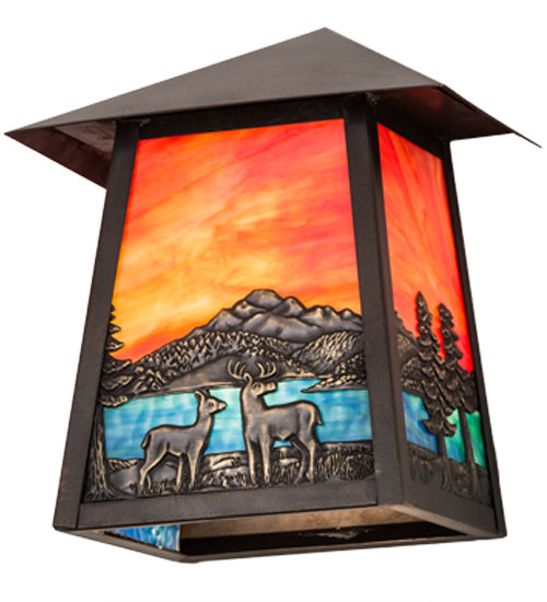 Meyda Lighting Stillwater 9" Craftsman Brown With Highlights Deer Lodge Wall Sconce With Orange & Blue Shade Glass