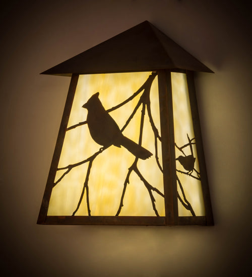 Meyda Lighting Stillwater 9" LED Vintage Copper Song Bird Wall Sconce With Beige Art Shade Glass
