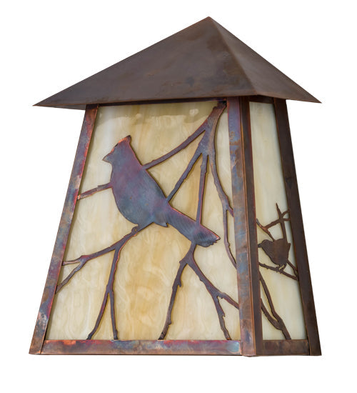 Meyda Lighting Stillwater 9" LED Vintage Copper Song Bird Wall Sconce With Beige Art Shade Glass