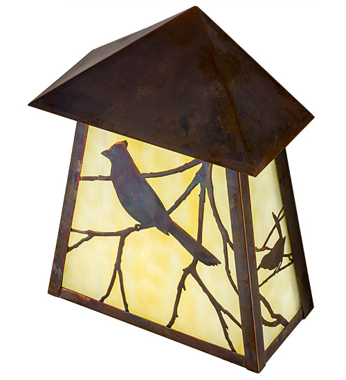 Meyda Lighting Stillwater 9" LED Vintage Copper Song Bird Wall Sconce With Beige Art Shade Glass