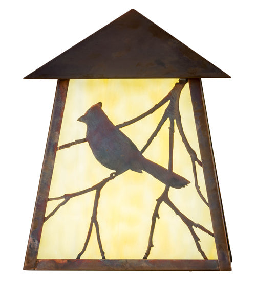 Meyda Lighting Stillwater 9" LED Vintage Copper Song Bird Wall Sconce With Beige Art Shade Glass