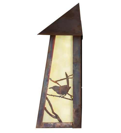Meyda Lighting Stillwater 9" LED Vintage Copper Song Bird Wall Sconce With Beige Art Shade Glass
