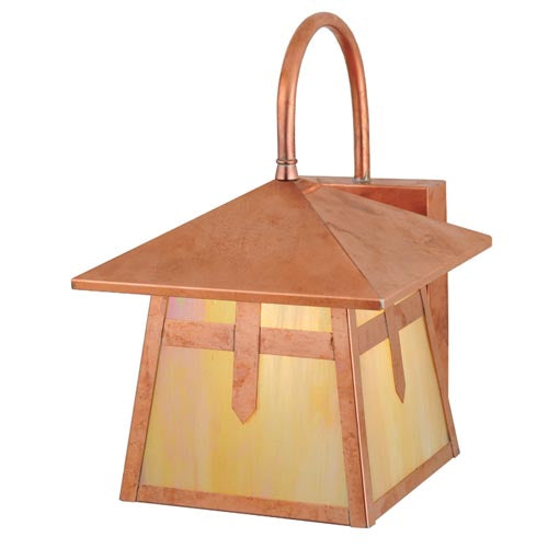 Meyda Lighting Stillwater 9" Raw Copper Cross Mission Curved Arm Wall Sconce With Iridescent Shade Glass