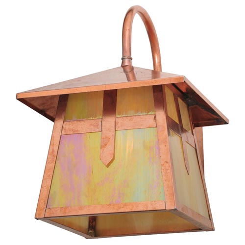 Meyda Lighting Stillwater 9" Raw Copper Cross Mission Curved Arm Wall Sconce With Iridescent Shade Glass