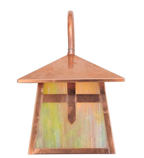 Meyda Lighting Stillwater 9" Raw Copper Cross Mission Curved Arm Wall Sconce With Iridescent Shade Glass