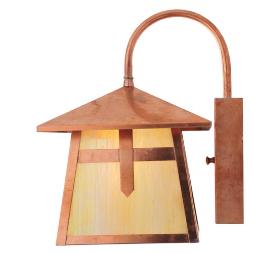 Meyda Lighting Stillwater 9" Raw Copper Cross Mission Curved Arm Wall Sconce With Iridescent Shade Glass