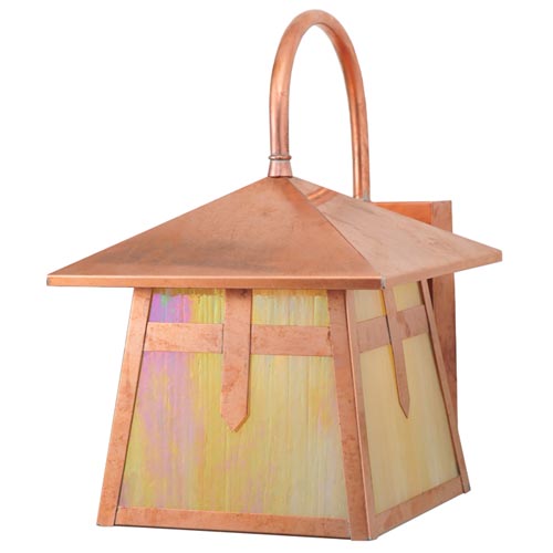Meyda Lighting Stillwater 9" Raw Copper Cross Mission Curved Arm Wall Sconce With Iridescent Shade Glass