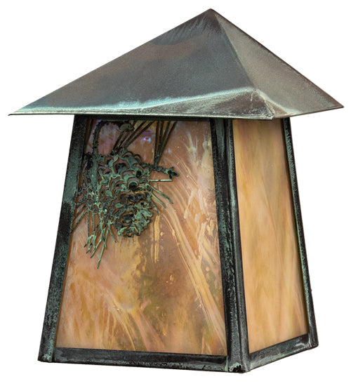 Meyda Lighting Stillwater 9" Verdigris Winter Pine Wall Sconce With Beige Iridescent Shade Glass