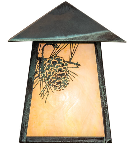 Meyda Lighting Stillwater 9" Verdigris Winter Pine Wall Sconce With Beige Iridescent Shade Glass