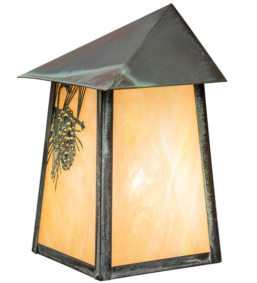 Meyda Lighting Stillwater 9" Verdigris Winter Pine Wall Sconce With Beige Iridescent Shade Glass