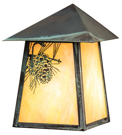 Meyda Lighting Stillwater 9" Verdigris Winter Pine Wall Sconce With Beige Iridescent Shade Glass