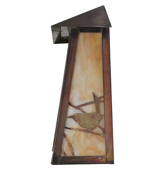 Meyda Lighting Stillwater 9" Vintage Copper Song Bird Wall Sconce With Beige Iridescent Shade