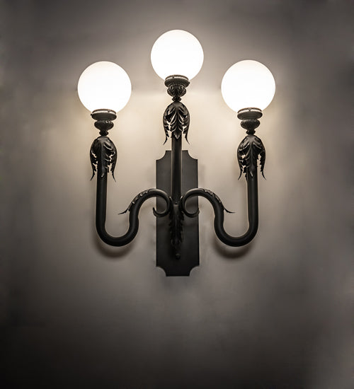 Meyda Lighting Strasbourg 30" 3-Light Fine Textured Black Wall Sconce With White Shade Glass