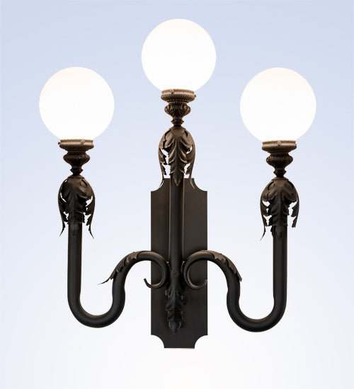 Meyda Lighting Strasbourg 30" 3-Light Fine Textured Black Wall Sconce With White Shade Glass