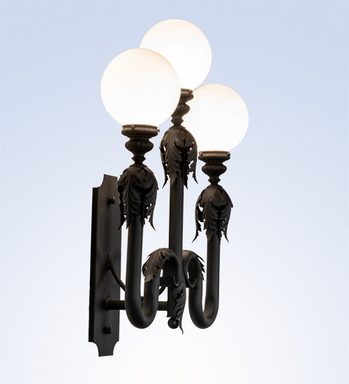 Meyda Lighting Strasbourg 30" 3-Light Fine Textured Black Wall Sconce With White Shade Glass