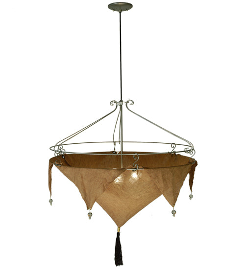 Meyda Lighting Strathallan Double Tree 32" 3-Light Sparkle Silver Inverted Pendant Light With Potting Slub Linen Fabric Shade