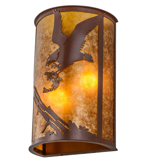 Meyda Lighting Strike of the Eagle 13" 2-Light Rust Wall Sconce With Amber Mica Shade Glass